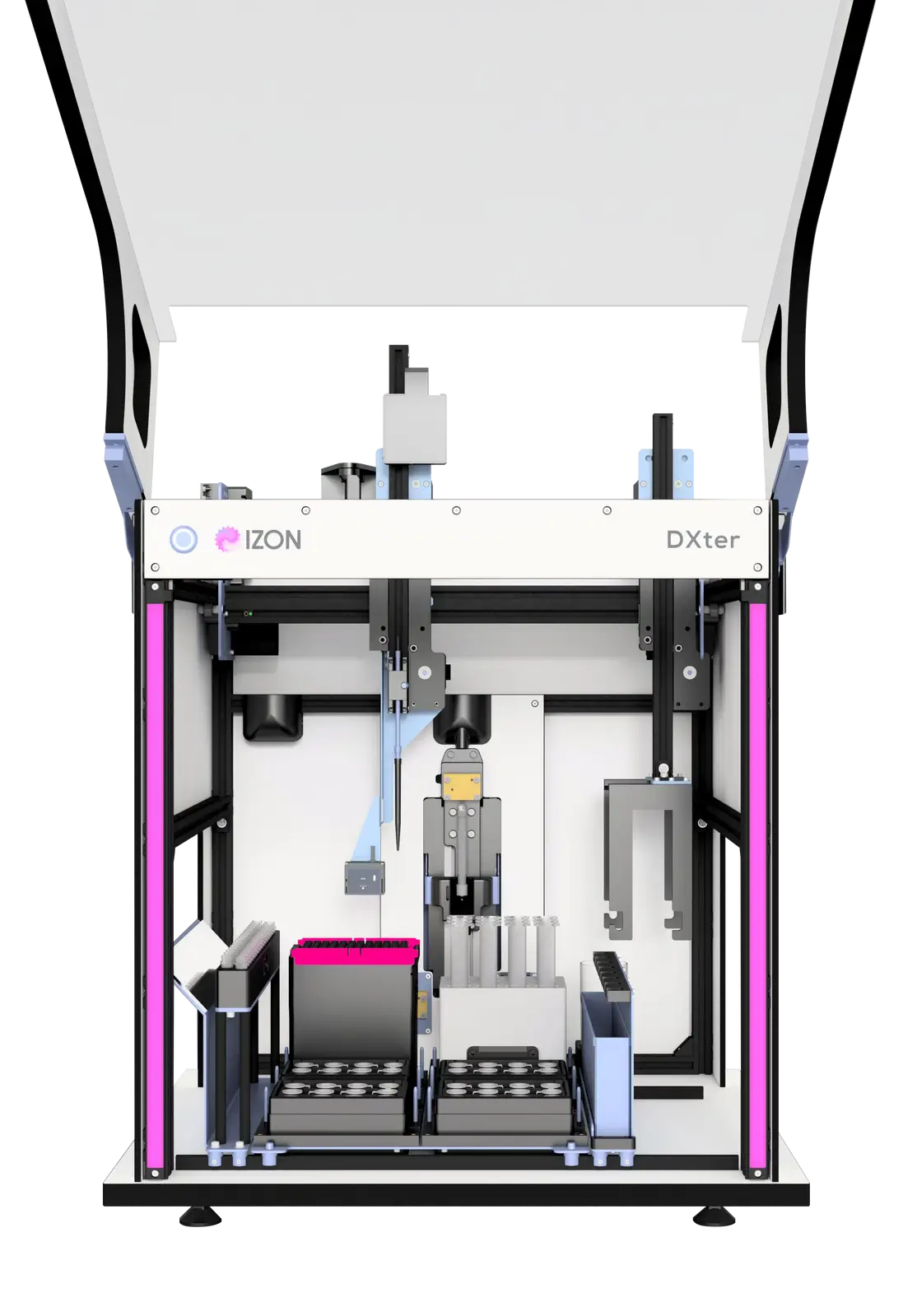 A high-tech lab instrument with open panels, showing mechanical components, electronics, and sample containers.