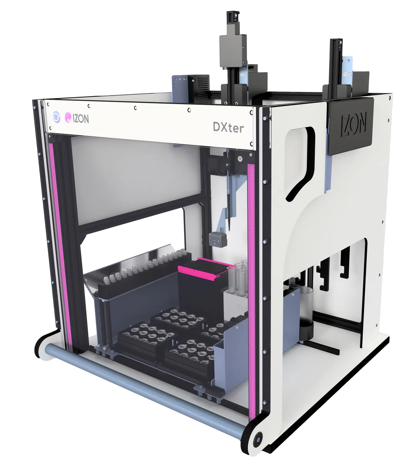 A white and black laboratory machine labeled "Dxter" by Izon, featuring an organized array of vials and mechanical components inside.
