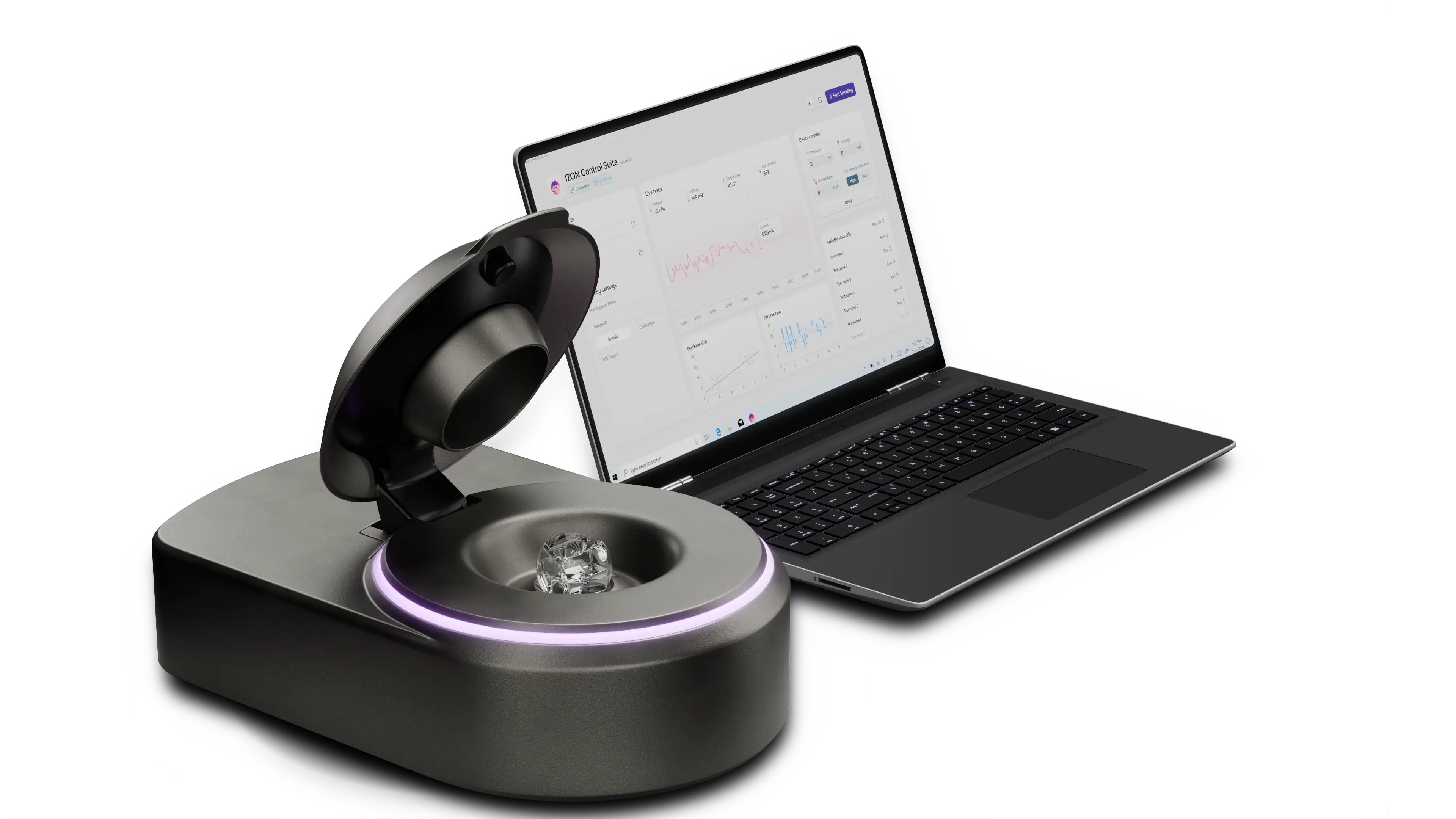 Black electronic device with an open lid, featuring a central transparent cylindrical component and a glowing circular light around the base.