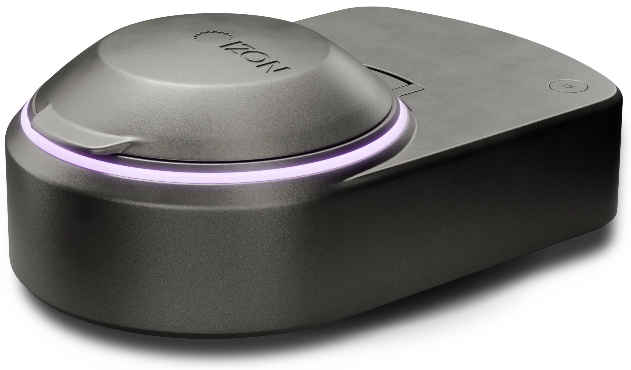 Gray modern medical or health device with a circular glowing purple light and a power button on top.