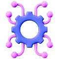 Blue pipe gear with multiple purple pipes extending outward, some bending at right angles and emitting steam or vapor.