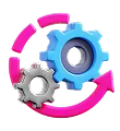 3D illustration of three interlocking gears in grey, light blue, and turquoise with pink arrows circling them clockwise.