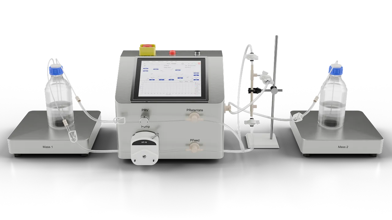 Open laptop displaying software dashboard next to a high-tech device with a glowing circular base and a small transparent object inside.