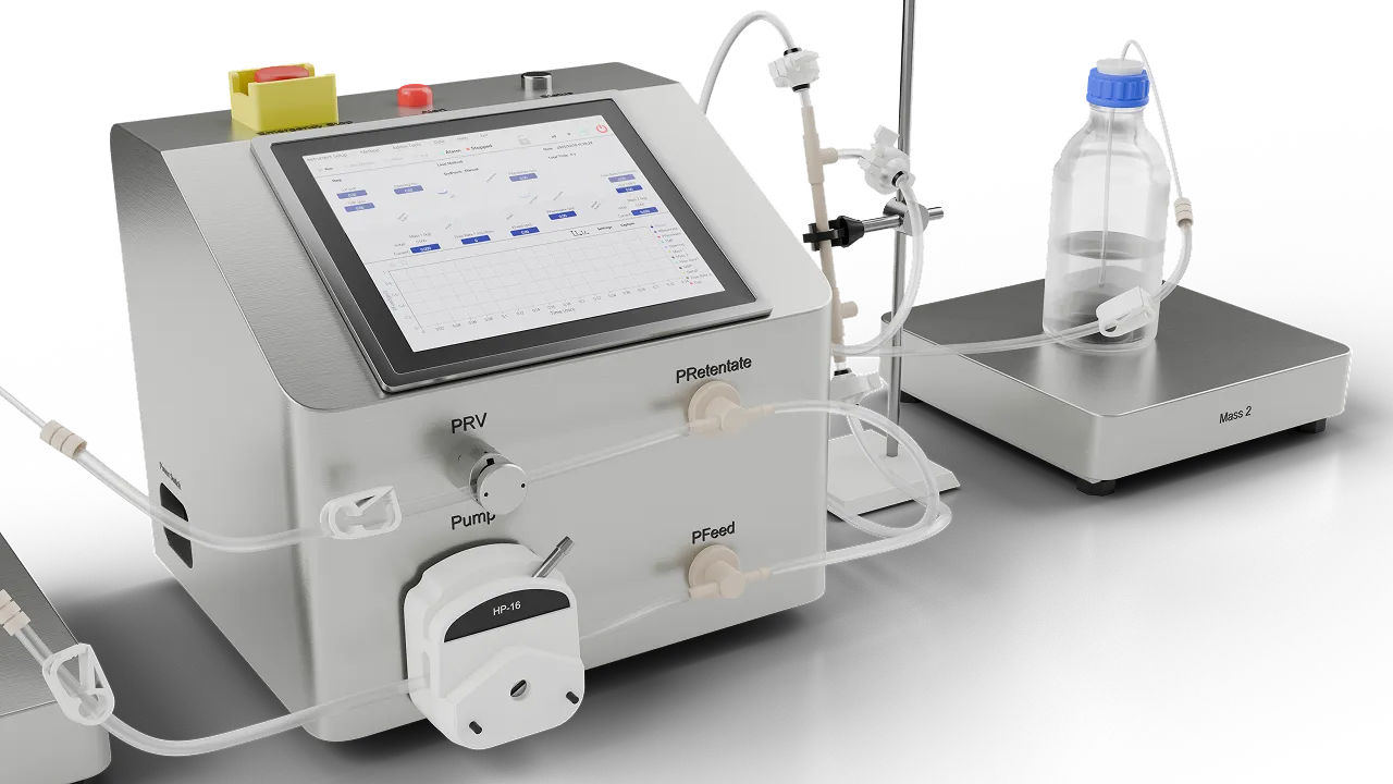 Laboratory fluid control system with touchscreen interface, tubing, and a bottle on a digital scale labeled Mass 2.