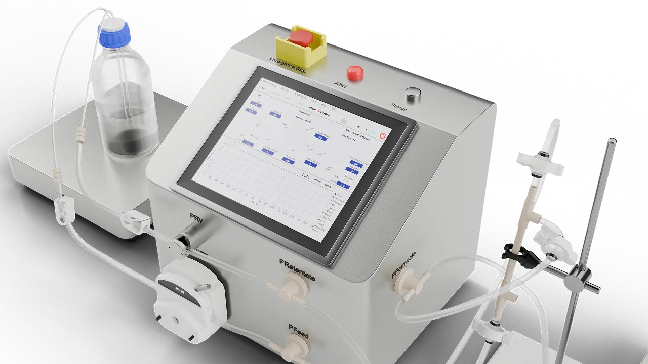Laboratory-scale bioreactor control unit with touchscreen, tubing, pump, and connected liquid bottle.