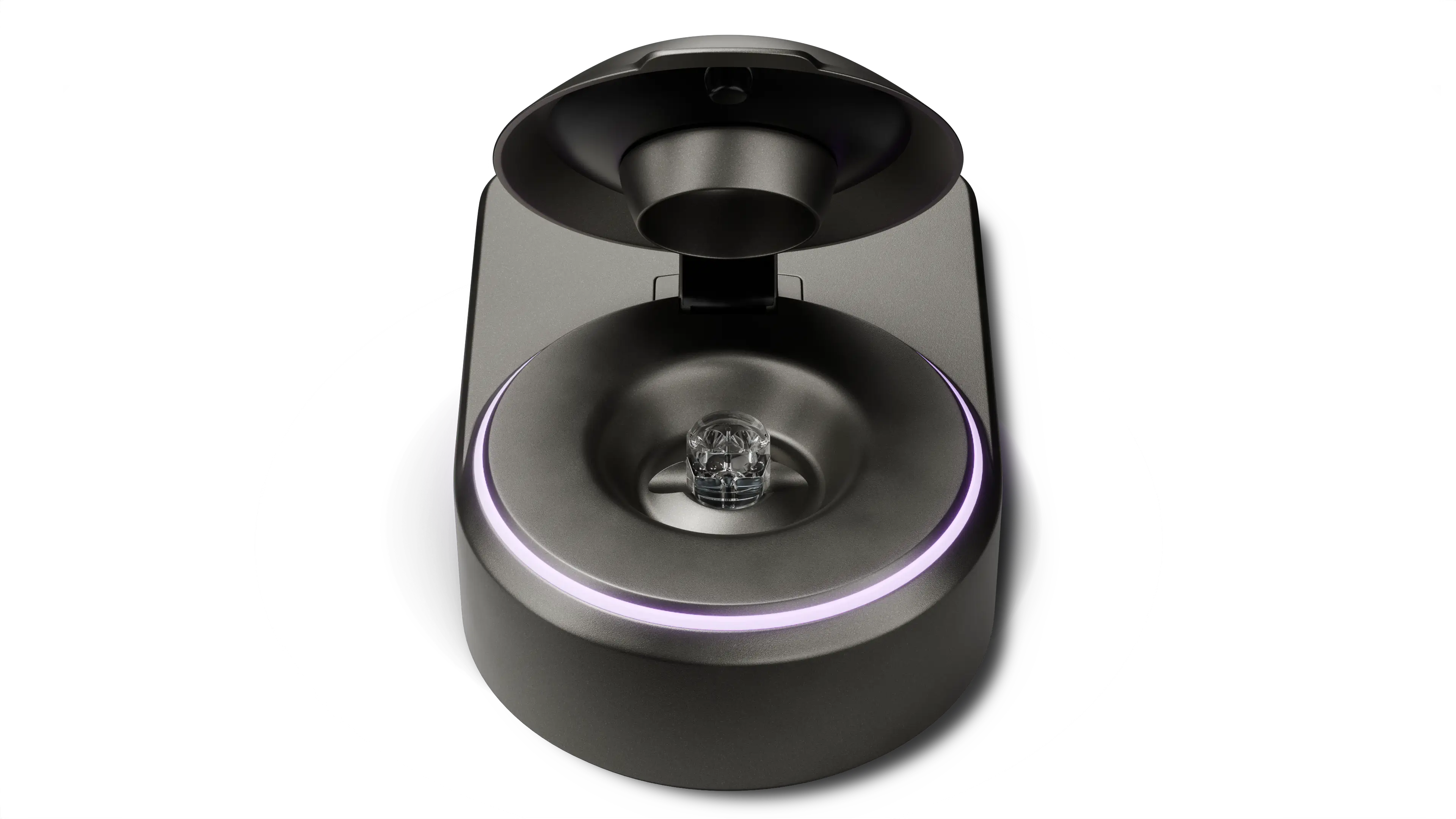 Open black charging case with a circular LED light ring and a transparent earbud inside.