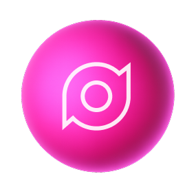 Pink circular button with a white stylized circular icon in the center featuring two arrow-like shapes forming an eye.