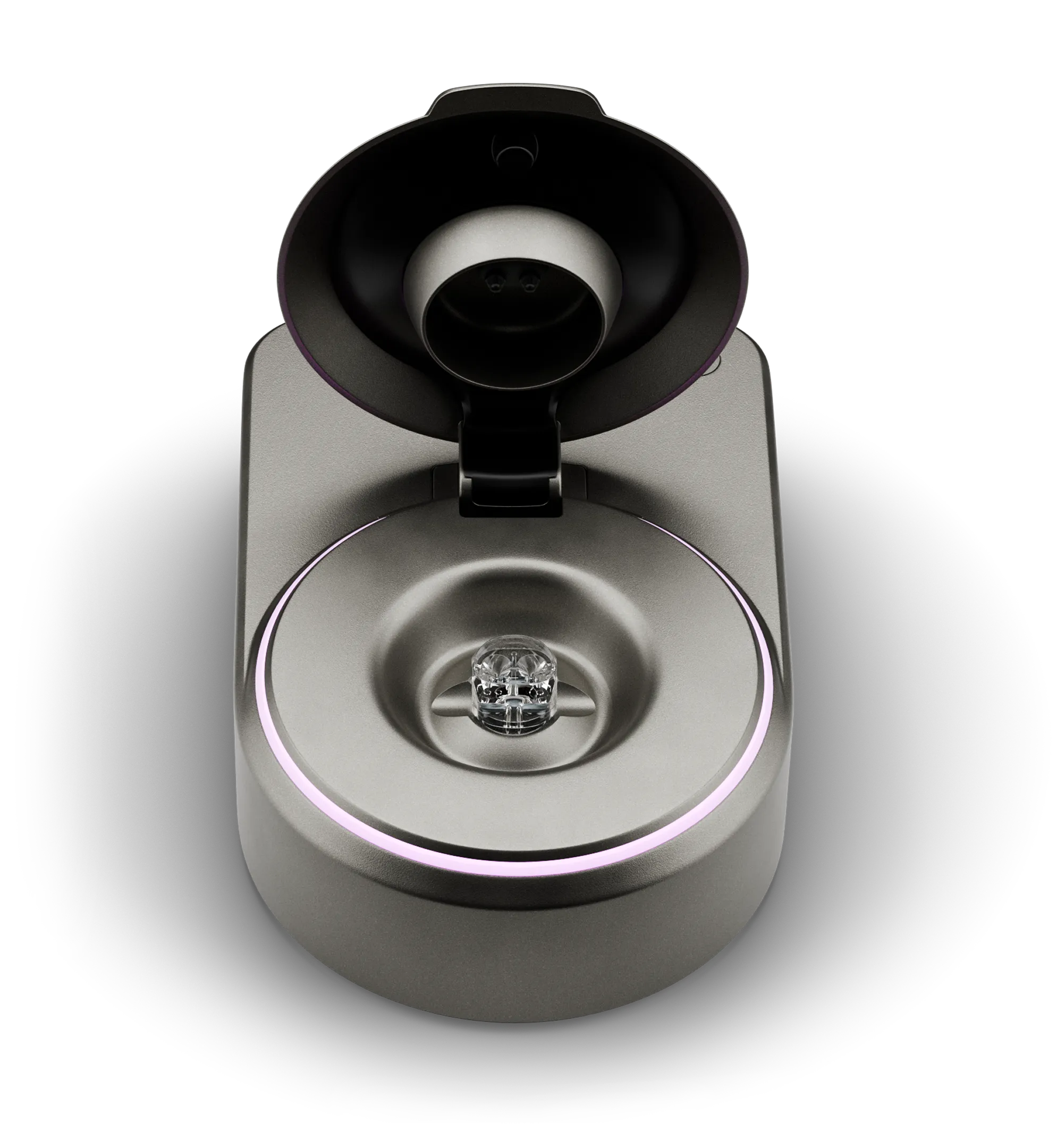 Top-down view of a sleek, modern gray charging dock with an open lid and a glowing circular light ring around the base.
