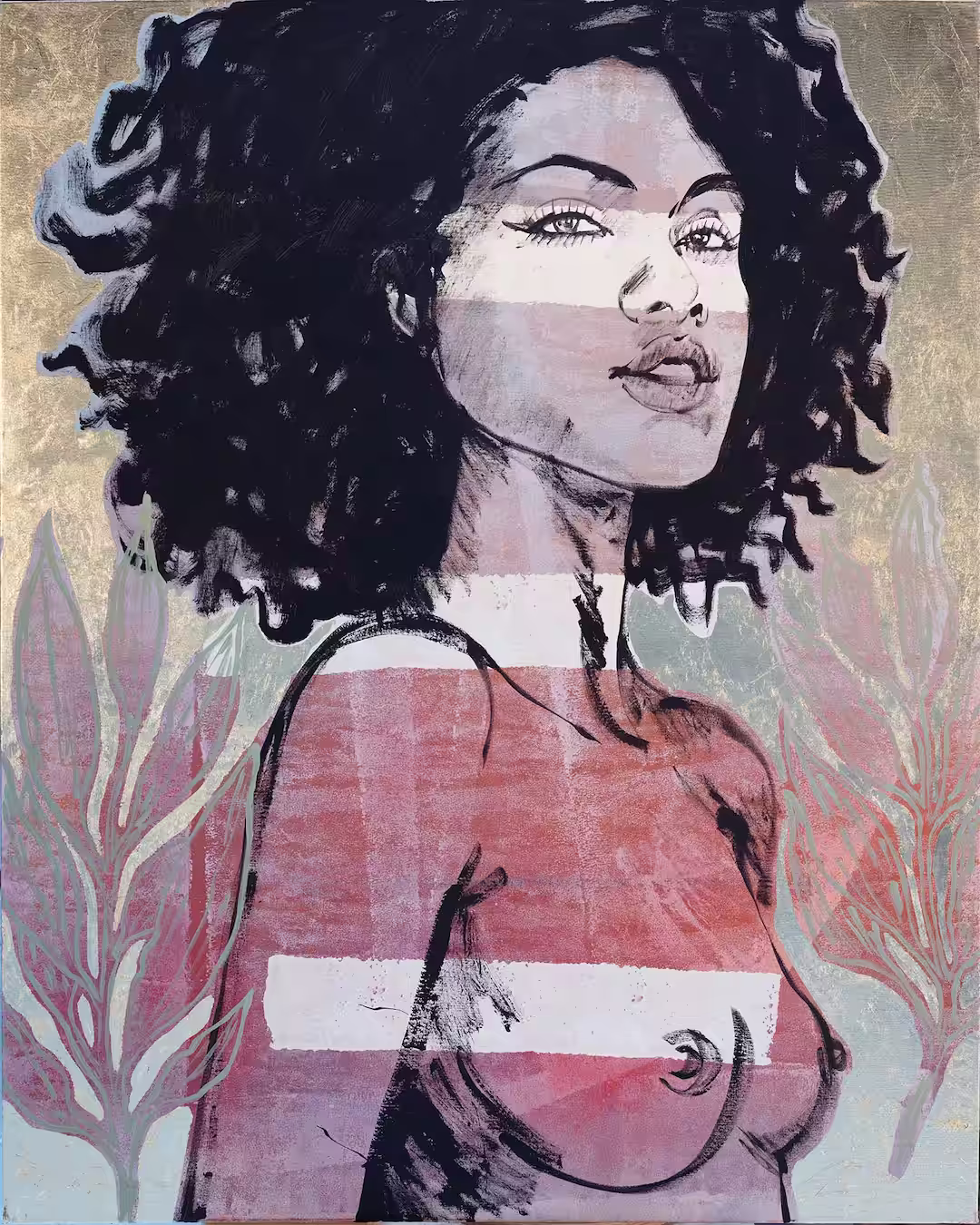 Gold nude with leaves painting by David Bromley