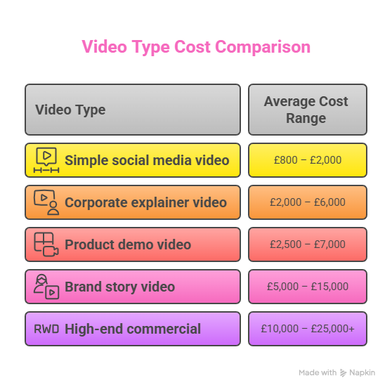 Infographic showing cost ranges for different types of marketing videos.