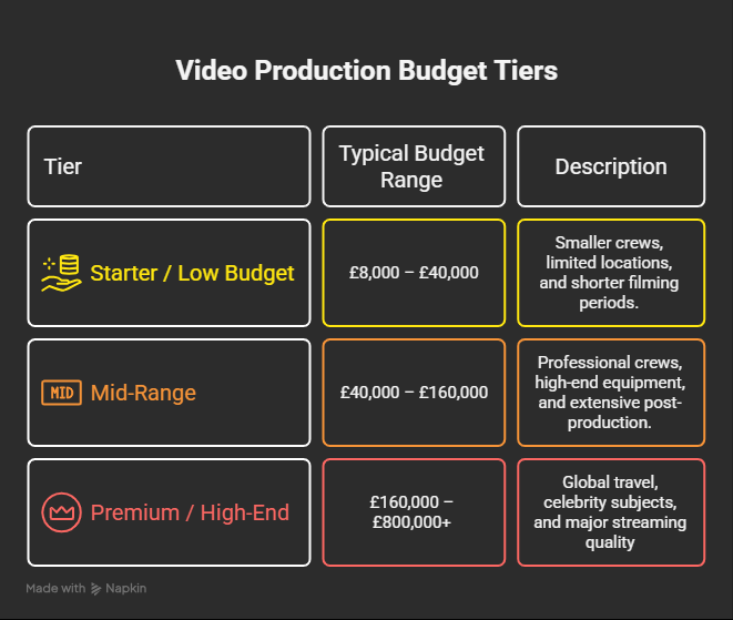 UK video production budget tiers with pricing ranges and descriptions.