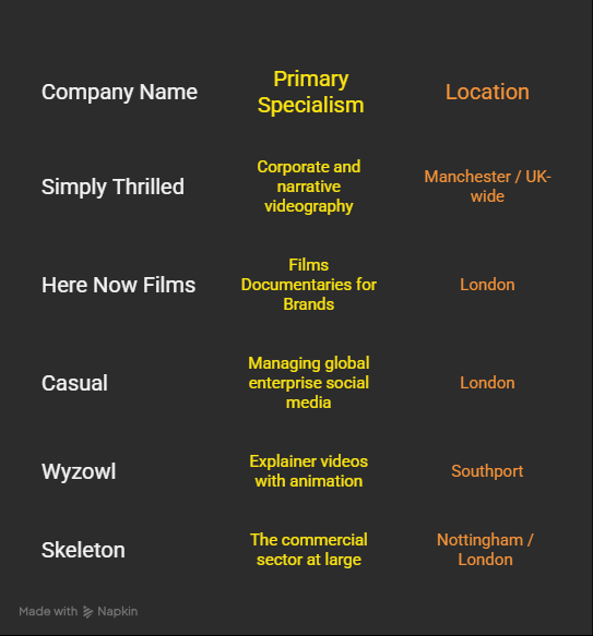 Table comparing top UK video production companies