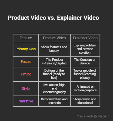 Product vs explainer video comparison chart showing goals, focus, timing, style, and narrative differences.