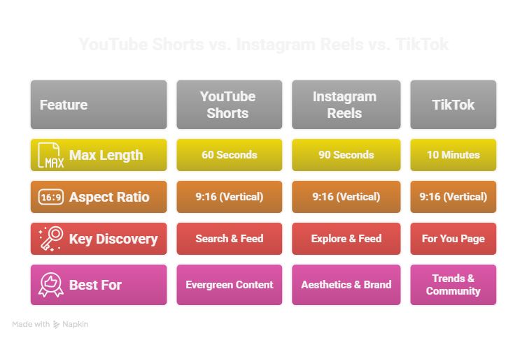 Comparison chart of YouTube Shorts, Instagram Reels, and TikTok features and limits.