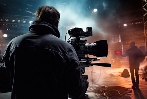 Camera operator filming a corporate video on set