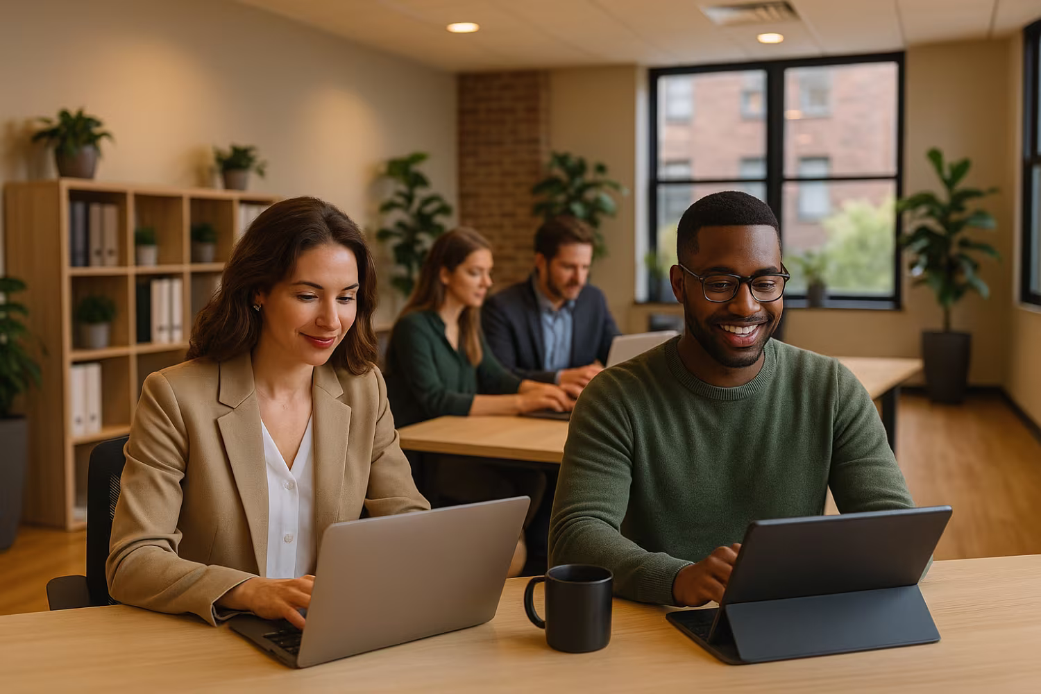 Employees in modern office managing wireless network
