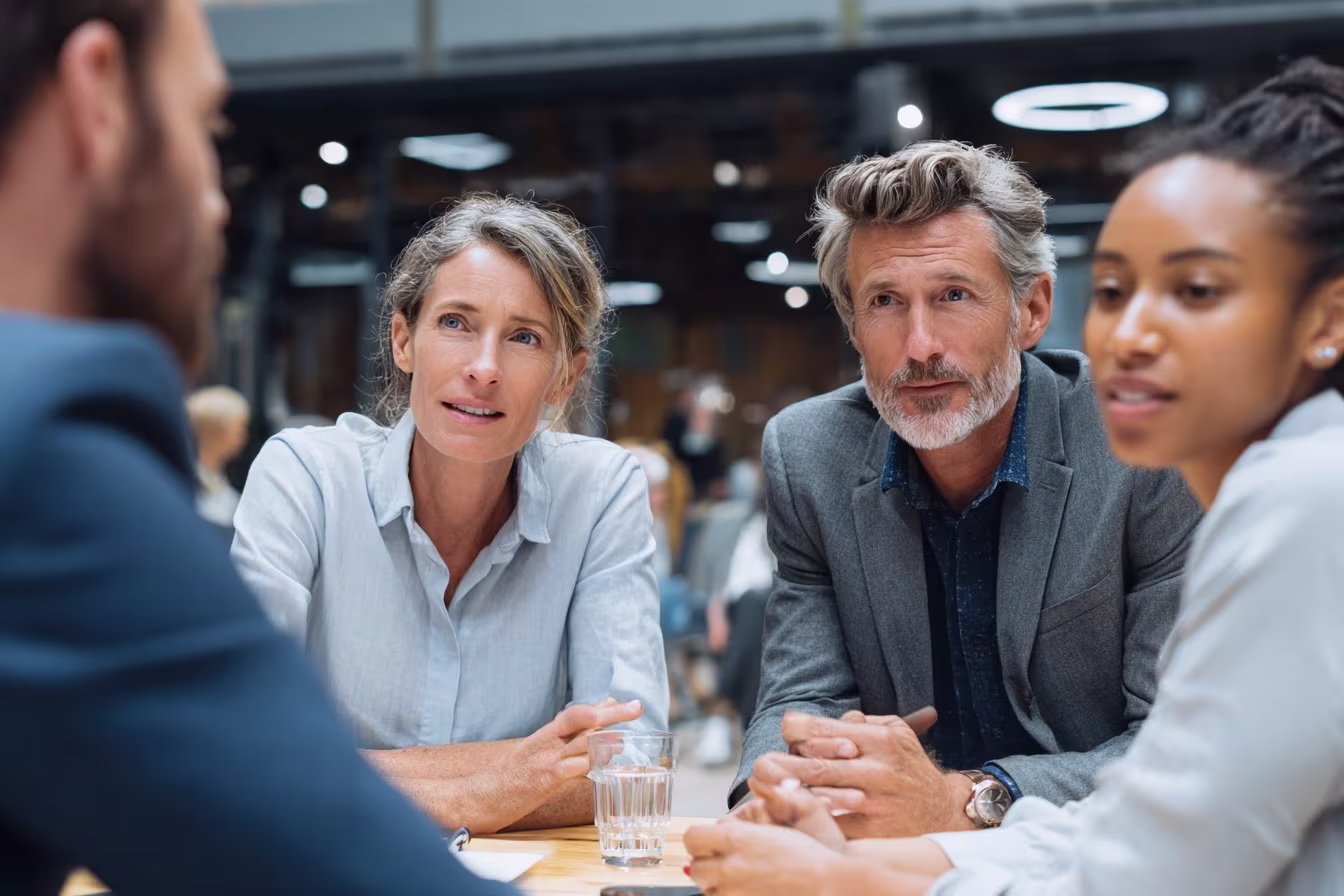 Diverse professionals discussing IT governance framework