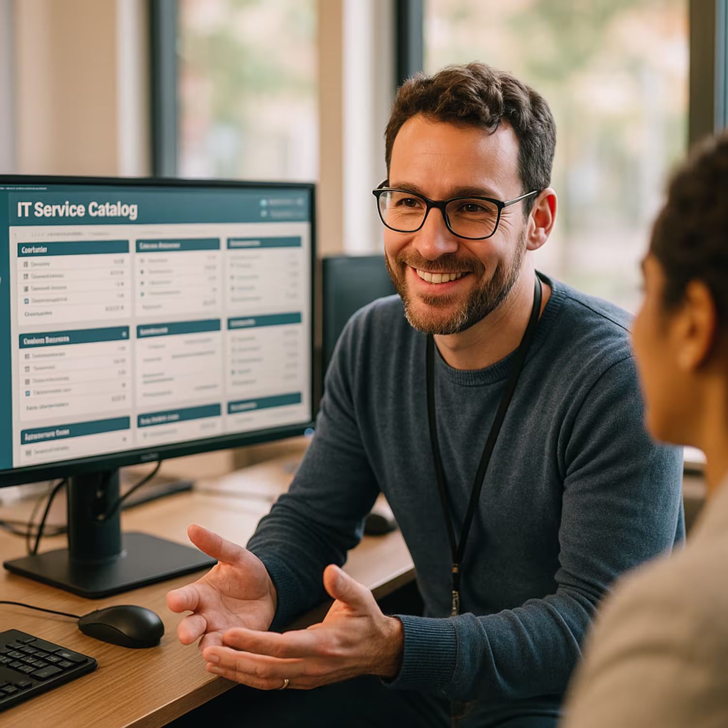 IT professional discussing service catalog management