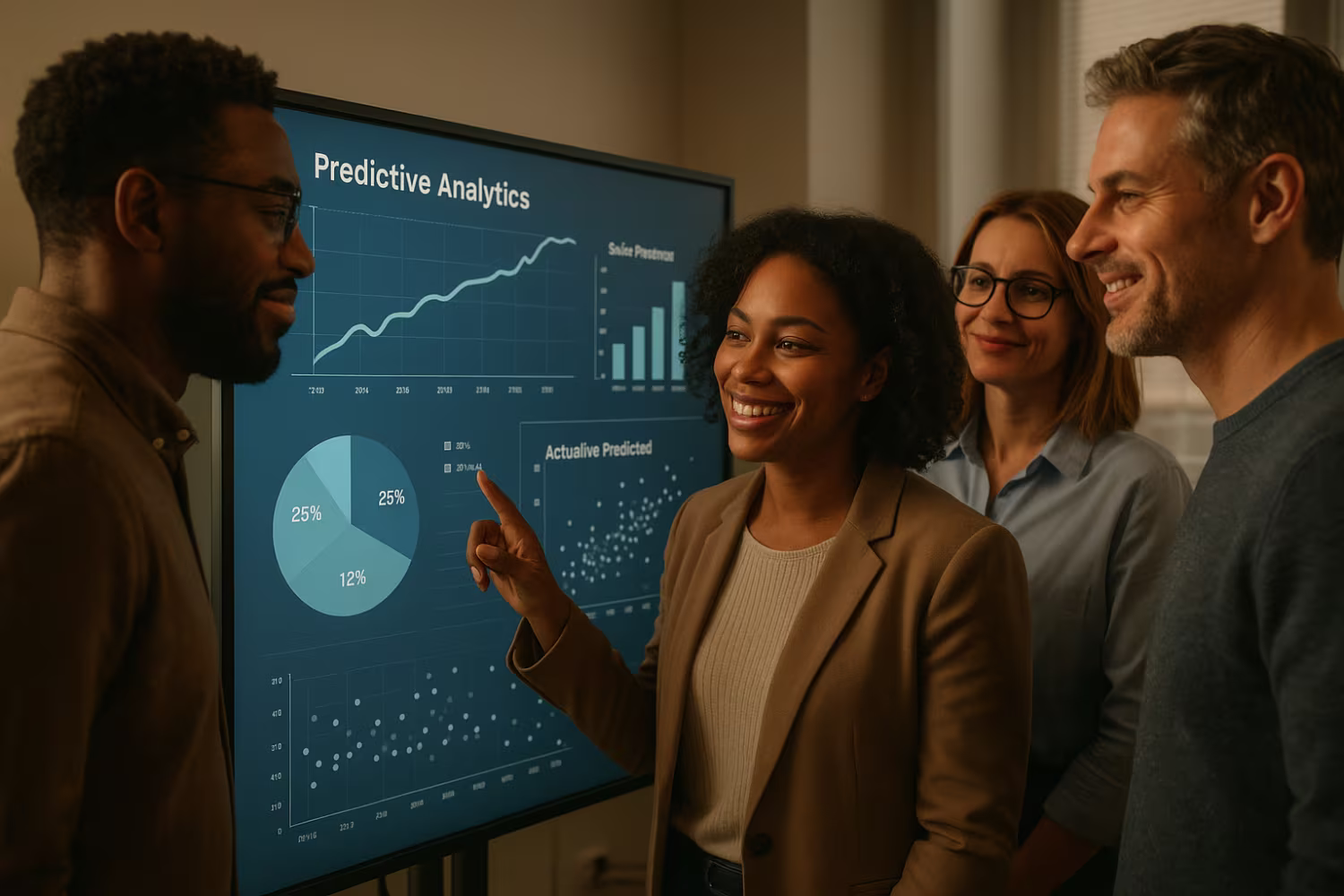 Diverse team studying predictive analytics