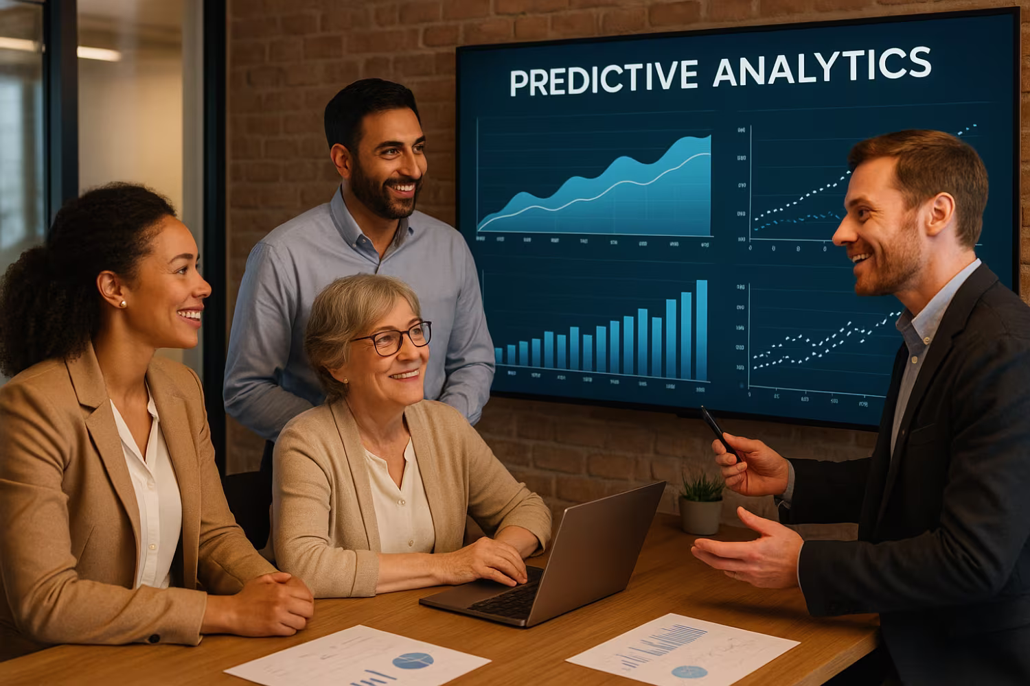 Diverse team discussing predictive analytics