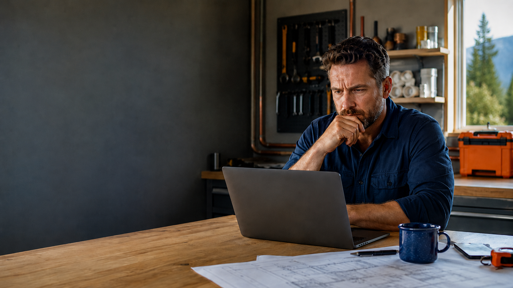Plumbing contractor reviewing security dashboard in Portland Oregon office