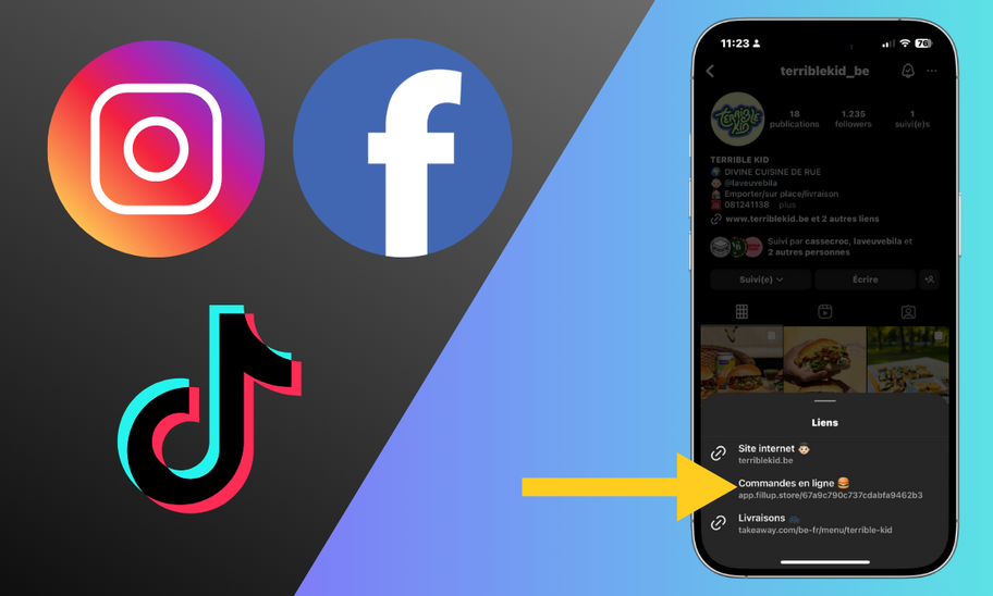 Fill Up propose de mettre un lien de votre menu pour les réseaux sociaux, tiktok, instagram, facebok afin de commander en direct
