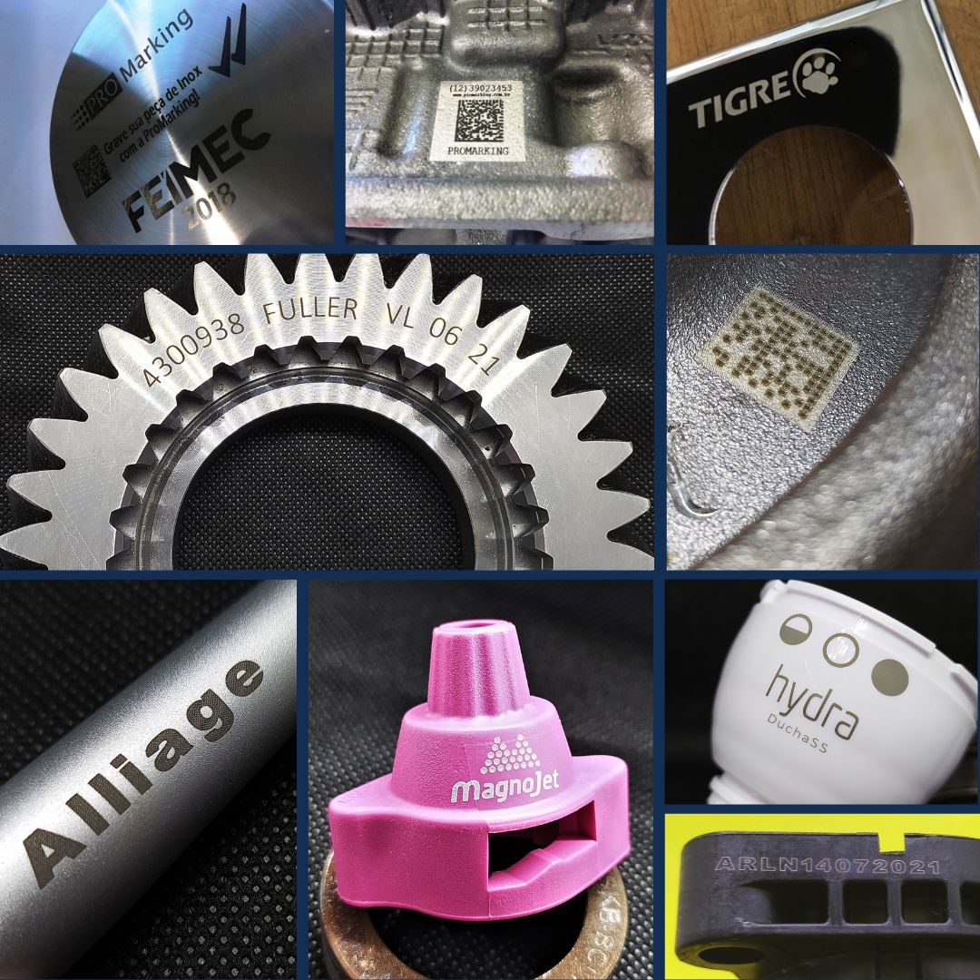 painel com algumas imagens de amostras de aplicações de gravação a laser em metal e plásticos