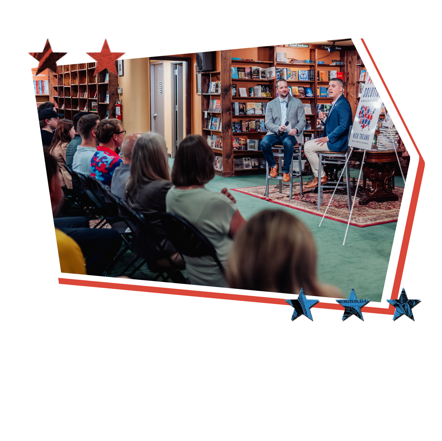 Wood box with cyan ballot coming out of it, a paddle lock on the front, and the word VOTE on the side