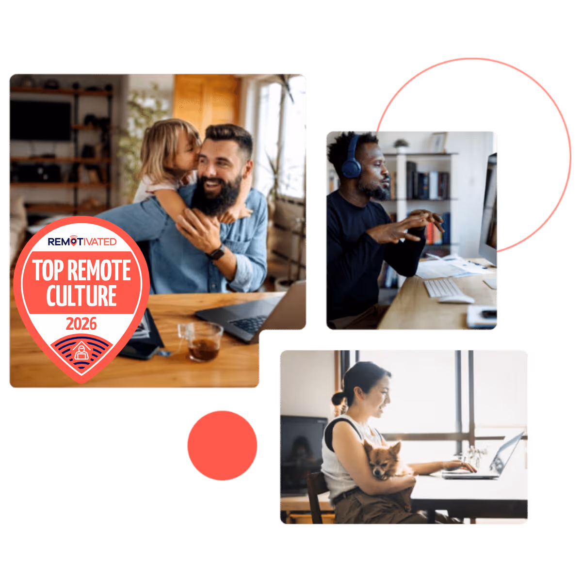 Remotivated's Top Remote Culture Badge is displayed next to a remote team working from home.