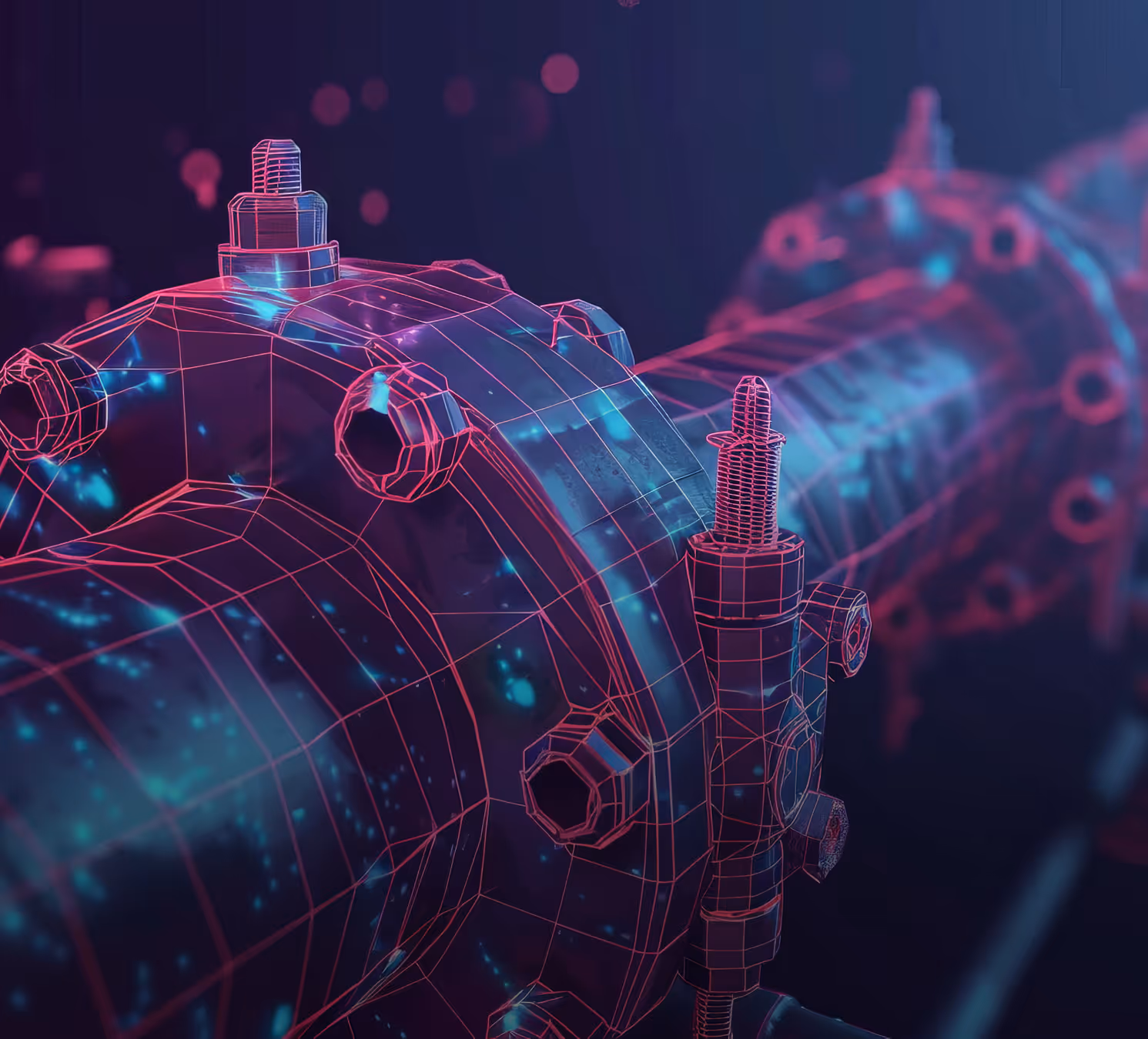 Close-up digital rendering of a mechanical component with neon pink wireframe overlay and blue lighting effects.