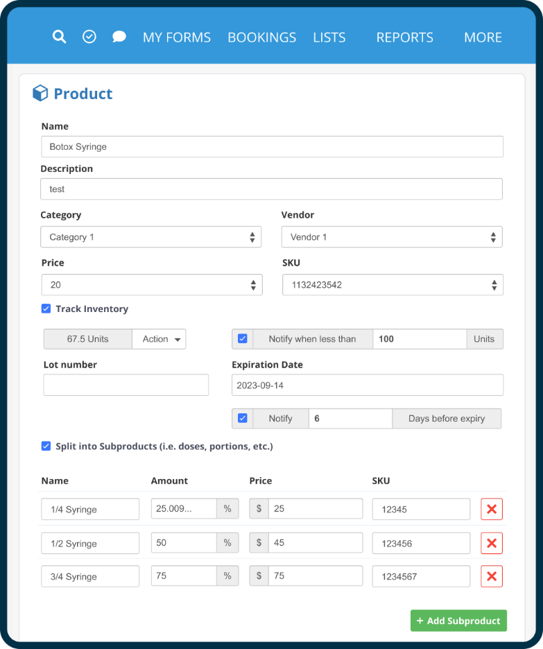 PracticeQ Product dashboard for Botox Syringe with inventory tracking, alerts, and subproduct setup.