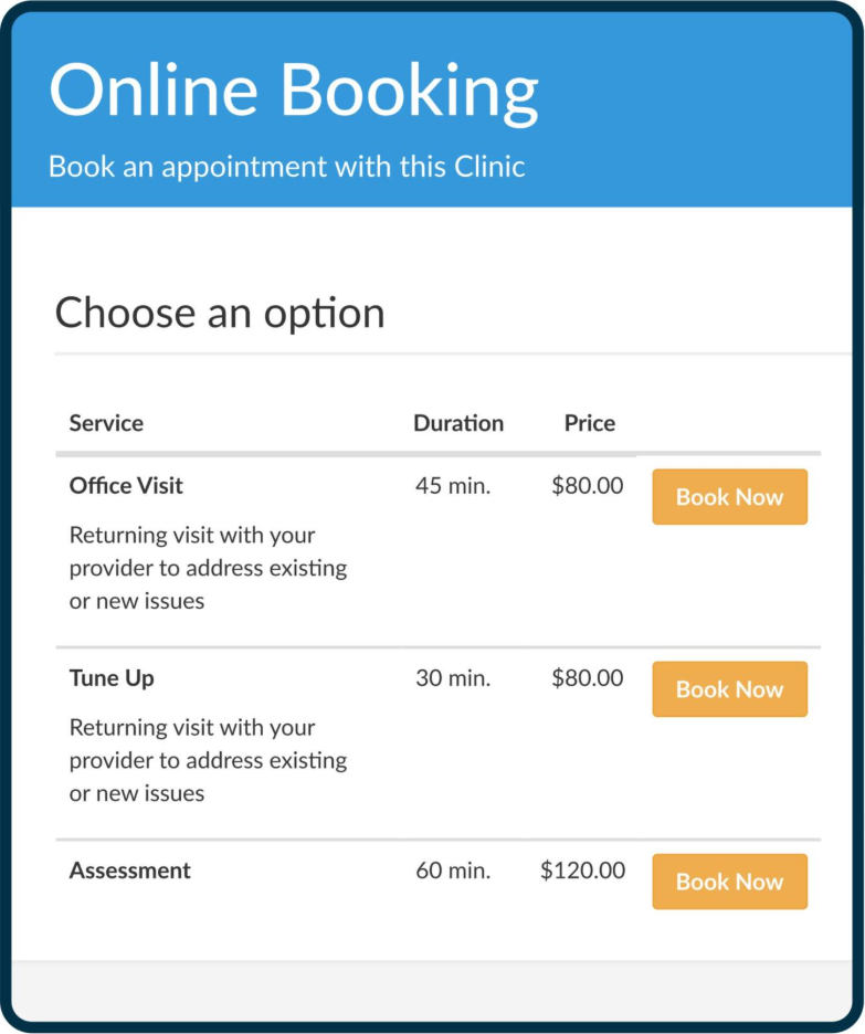 PracticeQ Online Booking screen showing service options, durations, prices, and “Book Now” buttons.