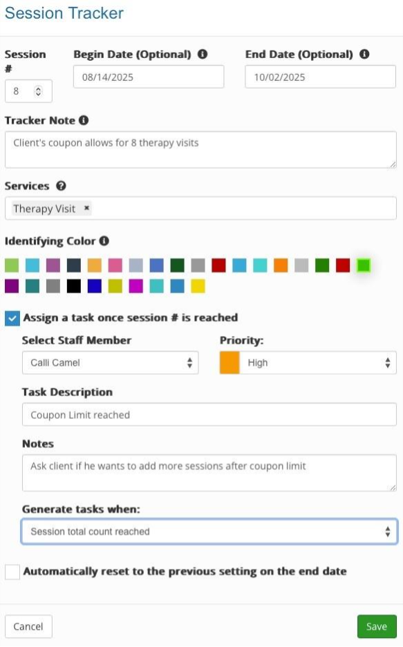 Session Tracker setup screen showing session number, dates, service type, task assignment, and color options.