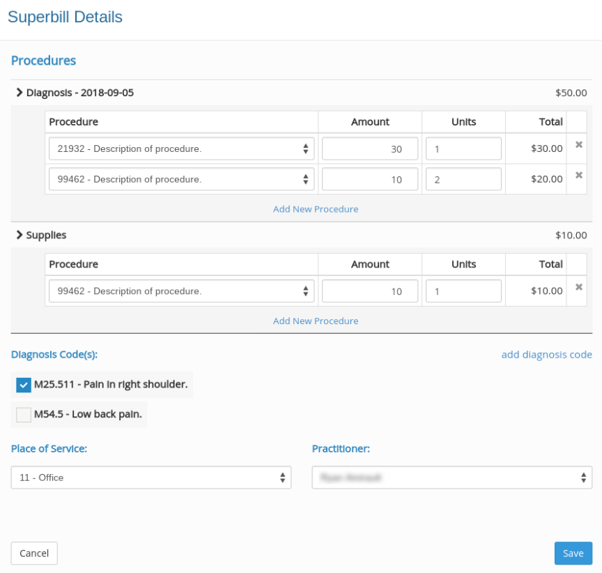 PracticeQ superbill form with procedures, diagnosis codes, and billing details.