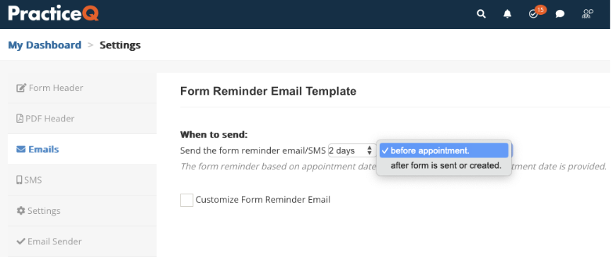 PracticeQ Form Reminder Email Template settings with a dropdown for when to send reminder emails.