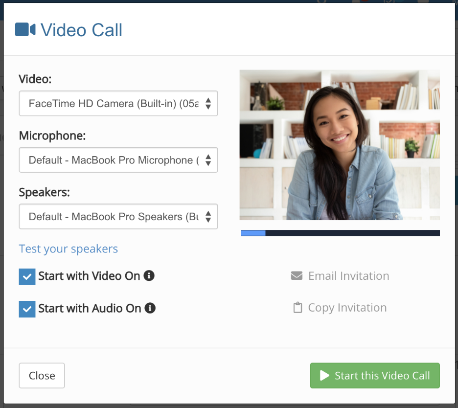 PracticeQ telehealth video call interface with camera, microphone, and speaker settings visible before starting a session.