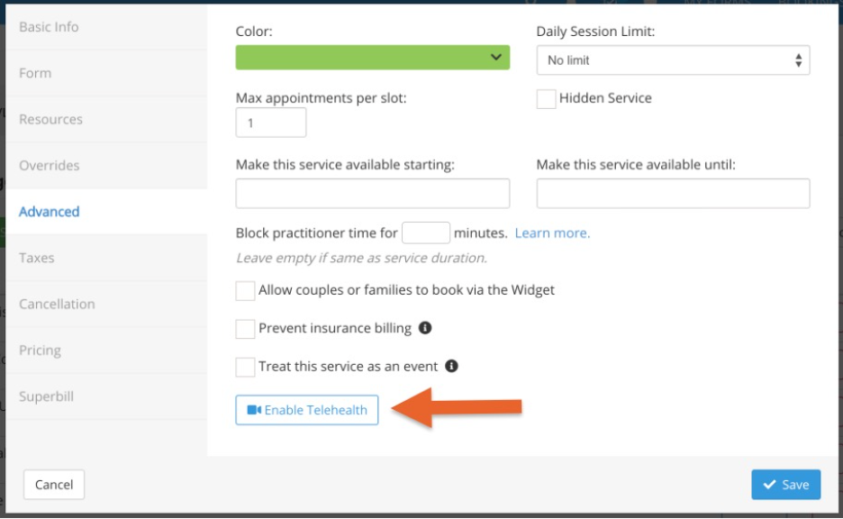 PracticeQ service settings screen showing the option to enable telehealth for a scheduled service.