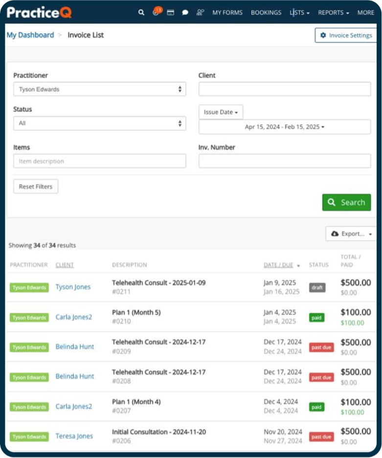 PracticeQ billing dashboard showing invoice list, payment status, and search filters