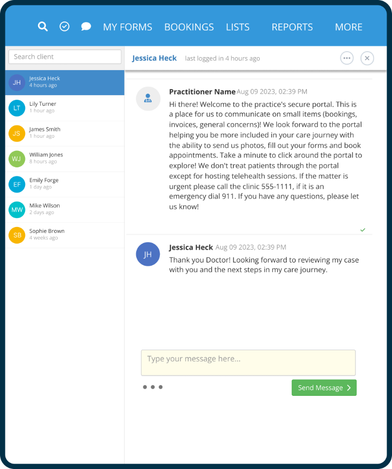 PracticeQ patient portal showing secure messaging between provider and patient with conversation history and message input field