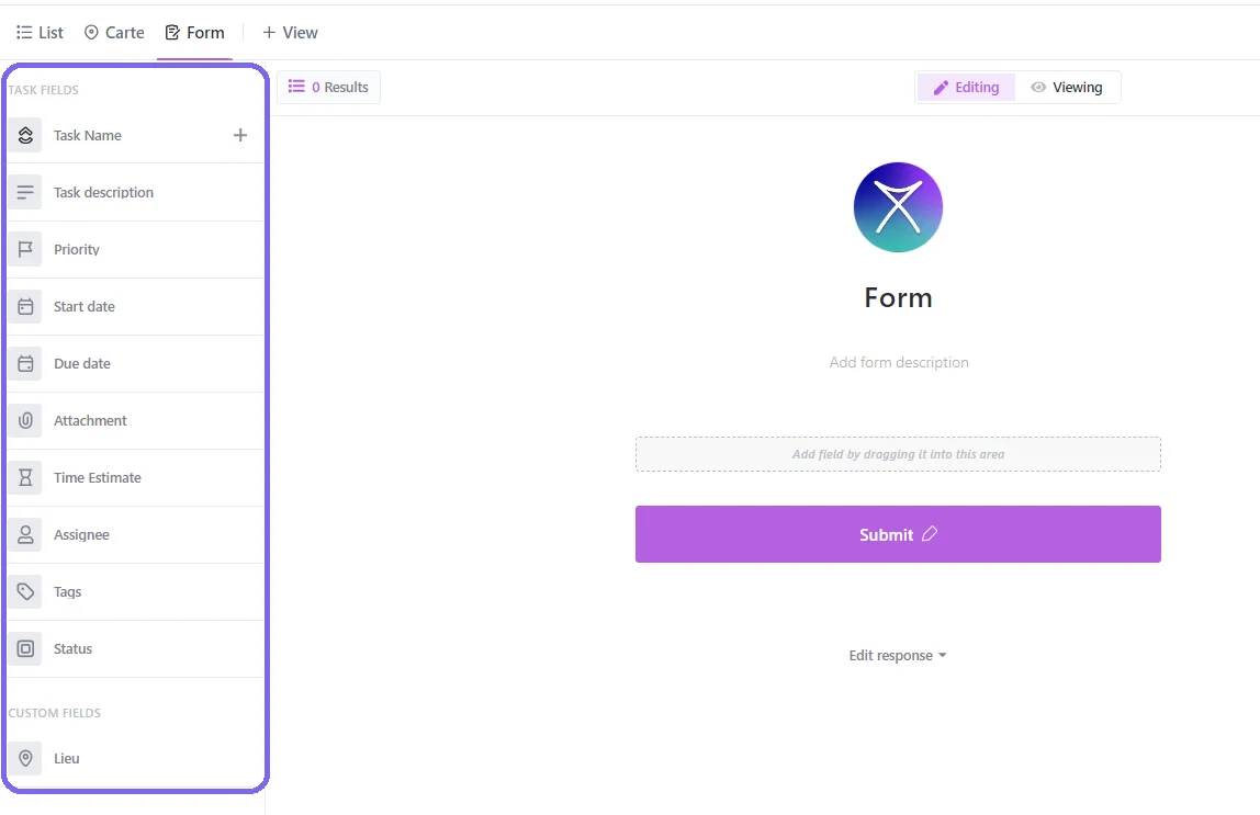 Task fields and custom fields in a form