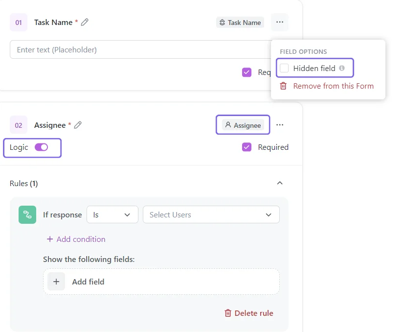 Customizing form settings with hidden fields and conditional logic