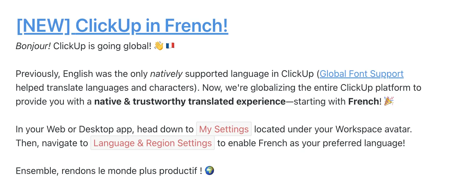 Annonce de la version française de ClickUp