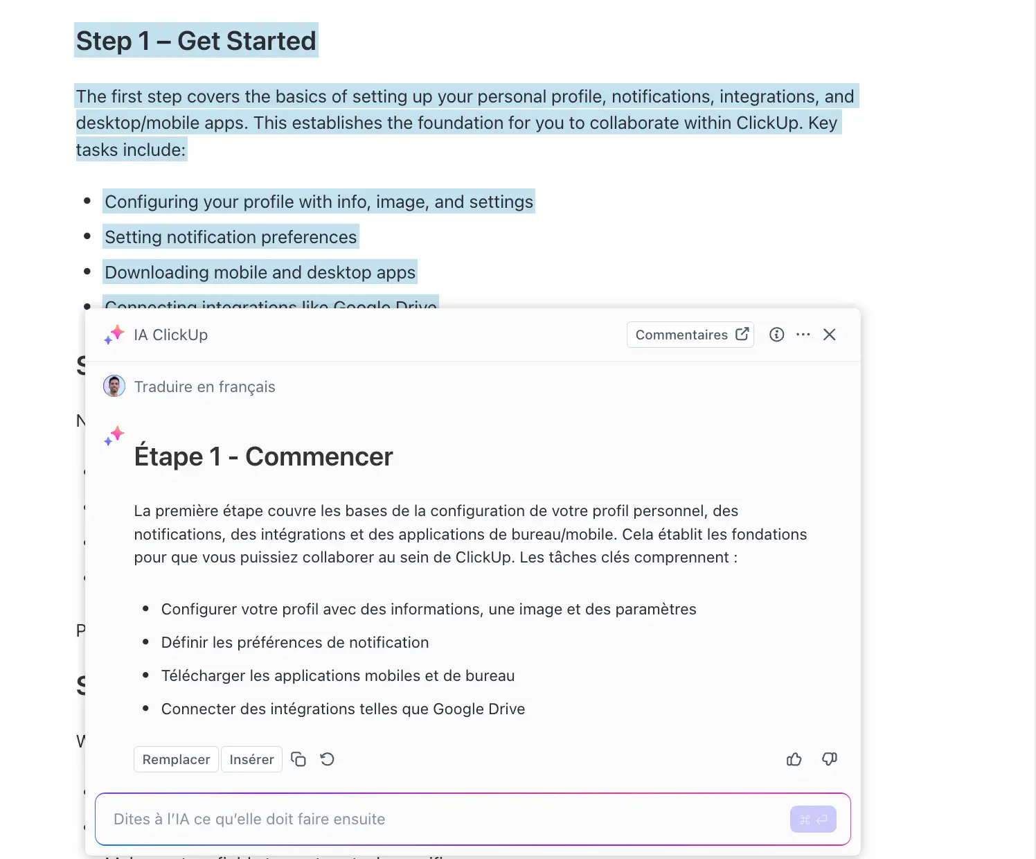 Aperçu de la traduction par ClickUp AI