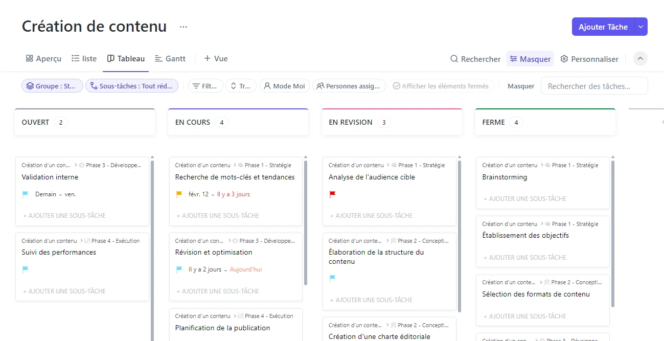 La vue Tableau de ClickUp