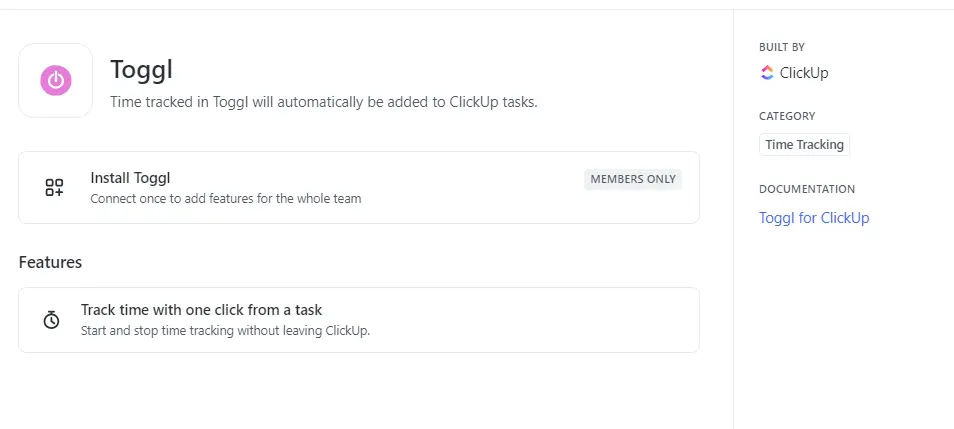 Toggl Time Tracker Integration with ClickUp