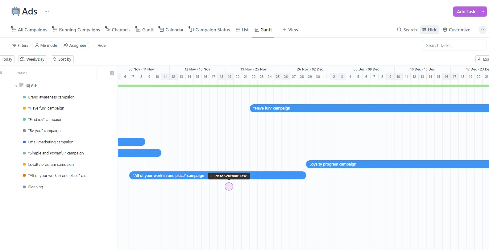 Gantt View is one of ClickUp's Advanced Task Views