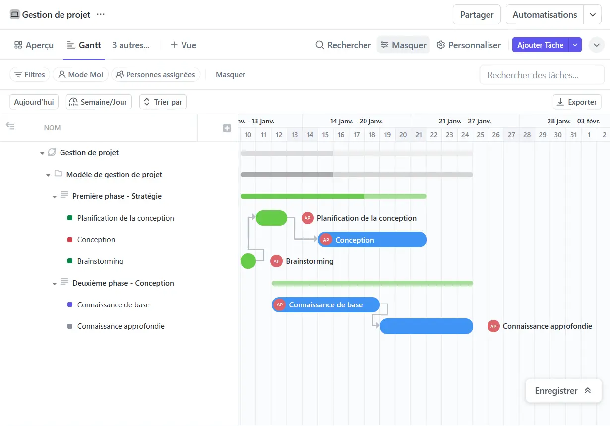 Un diagramme de Gantt ClickUp