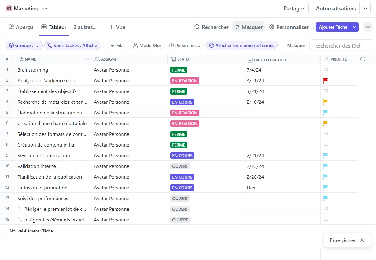 La vue Tableur sur ClickUp