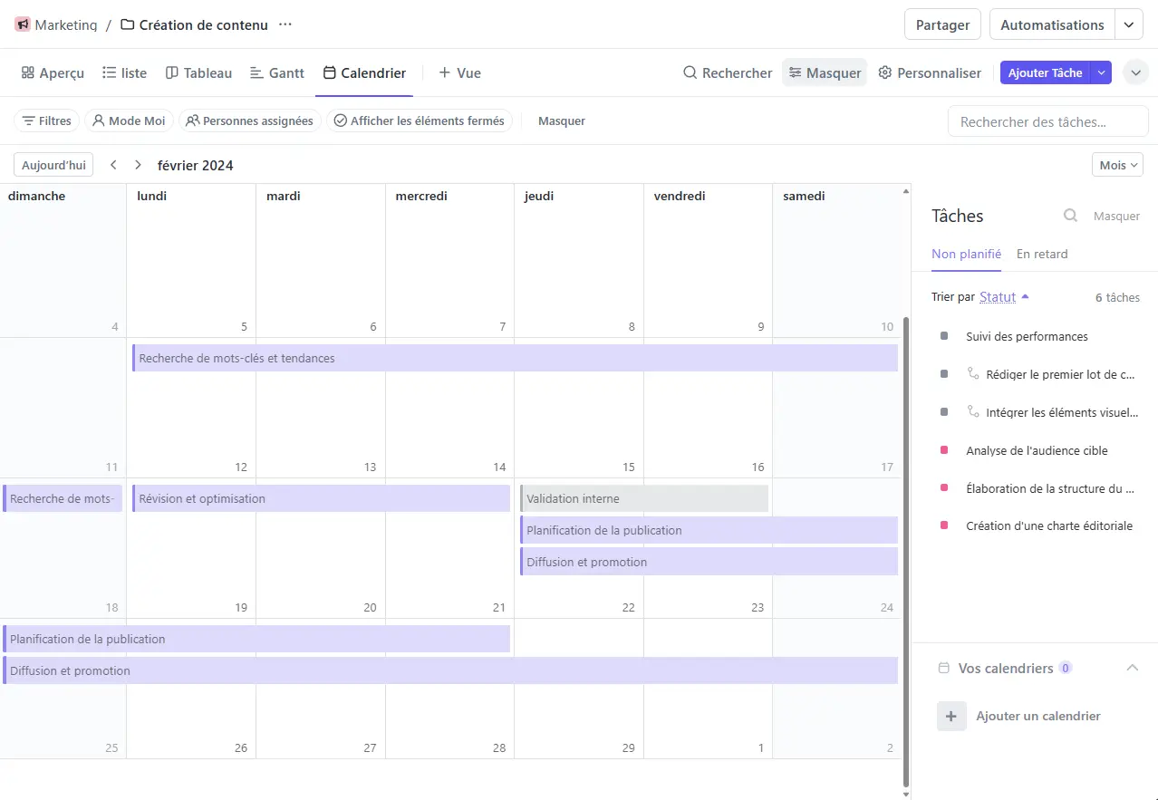 La vue Calendrier de ClickUp