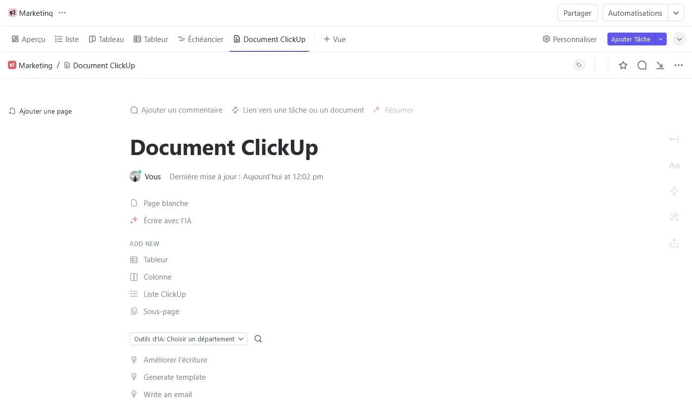 Une vue Document sur ClickUp